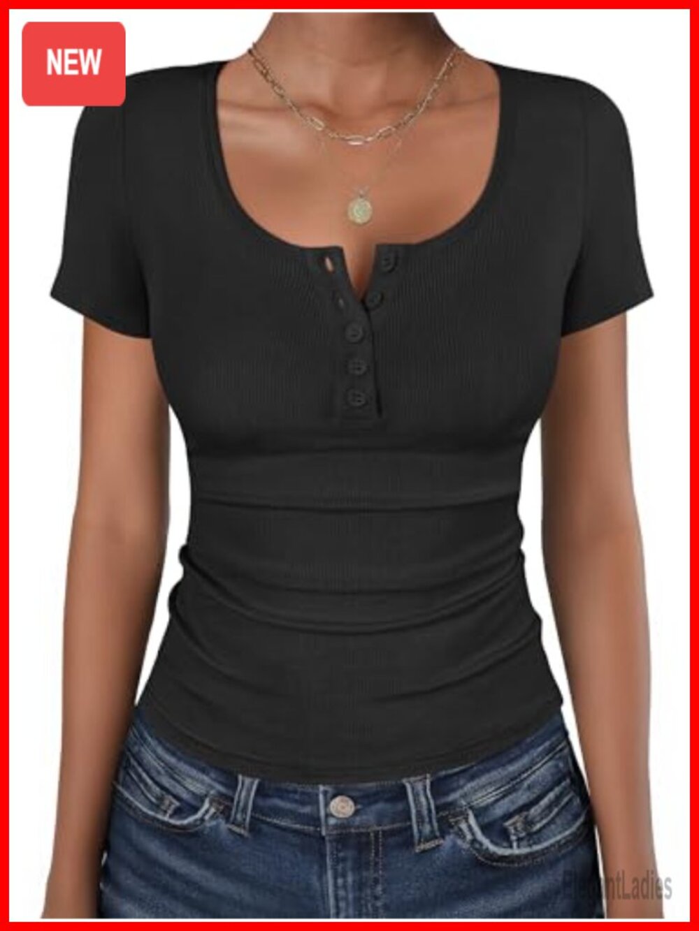 Slim Fit Short Sleeve Henley Top with Ribbed Knit Square Neck